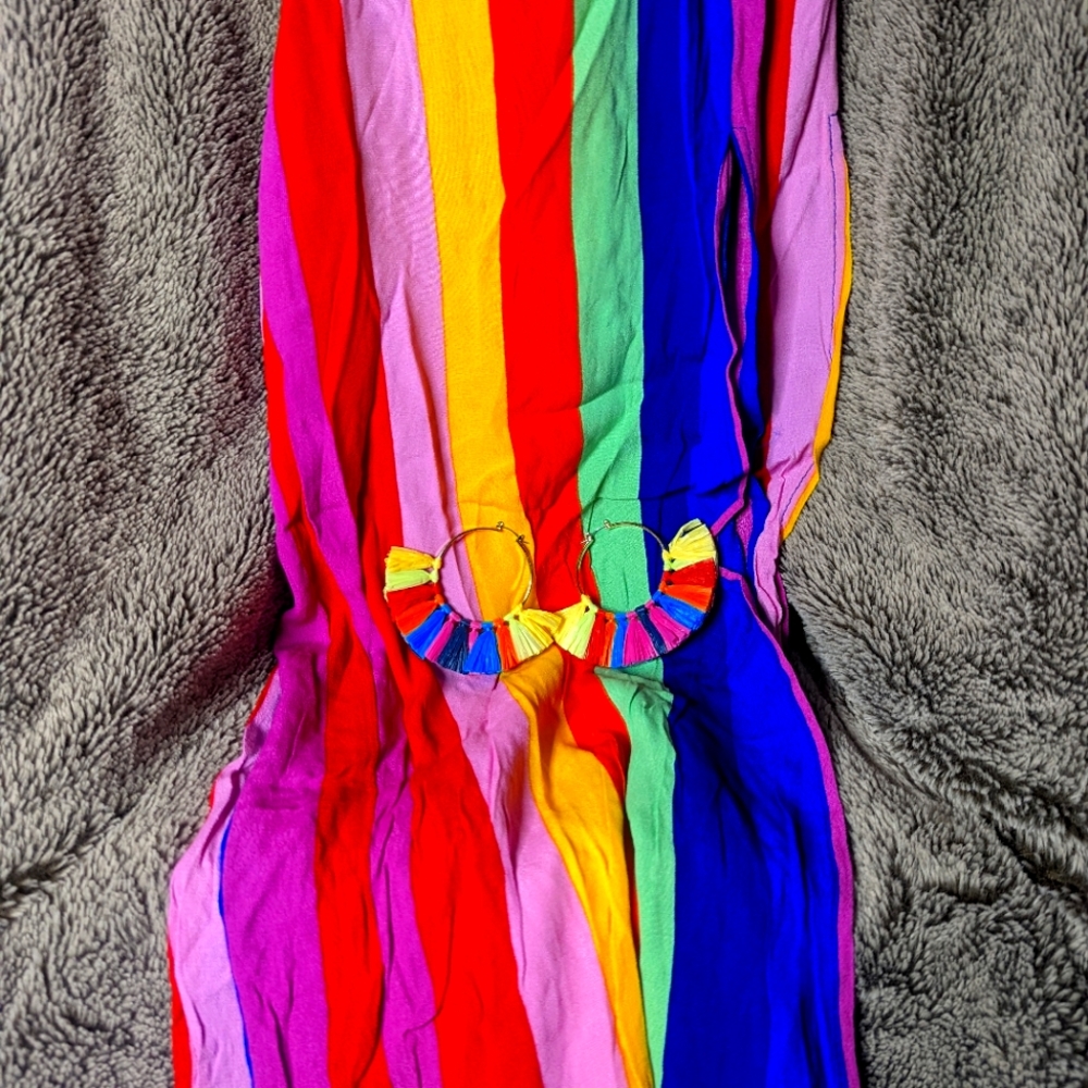 Forever 21 rainbow woven pants and matching earrings